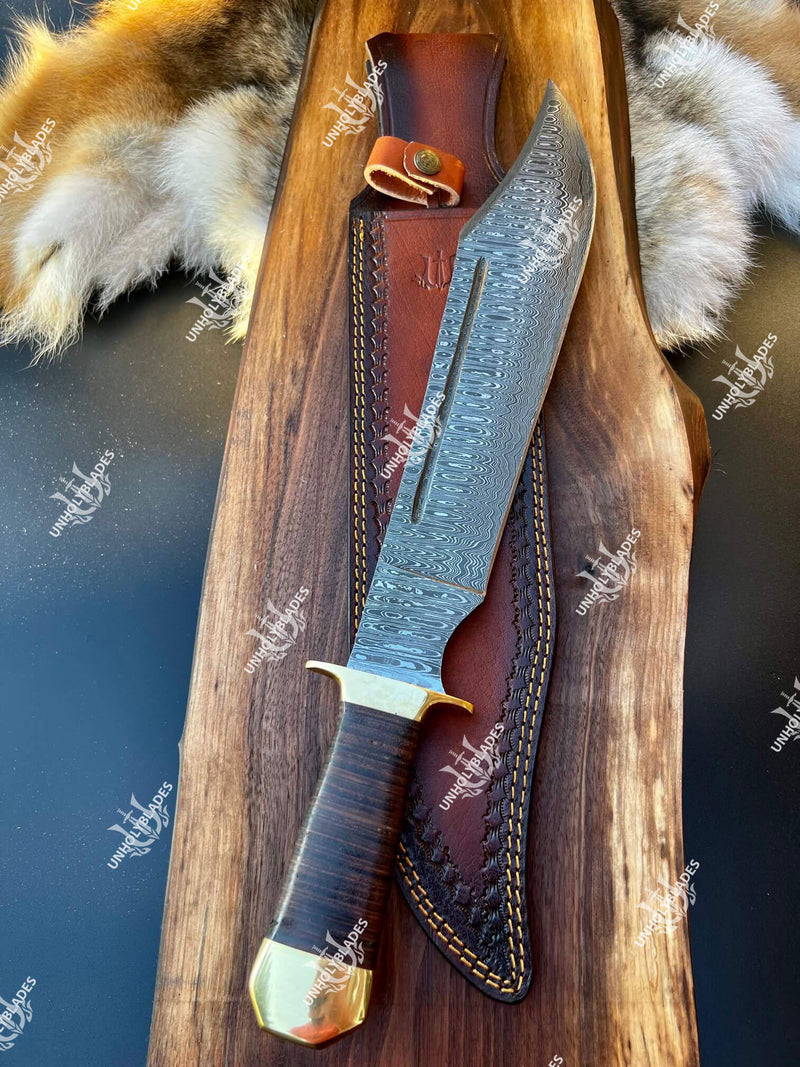 Custom Handmade Damascus Bowie Knife With Stacked Leather Handle