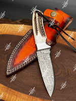 Custom Damascus Steel Hunting Knife With Stag Handle