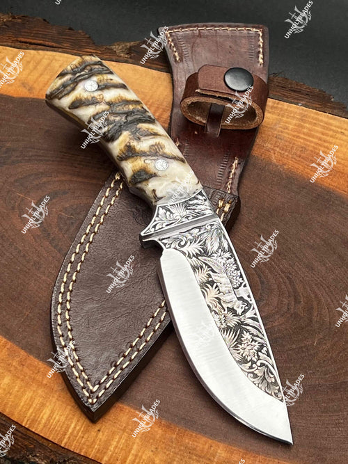 Custom Hand Engraved Knife With Ram Horn