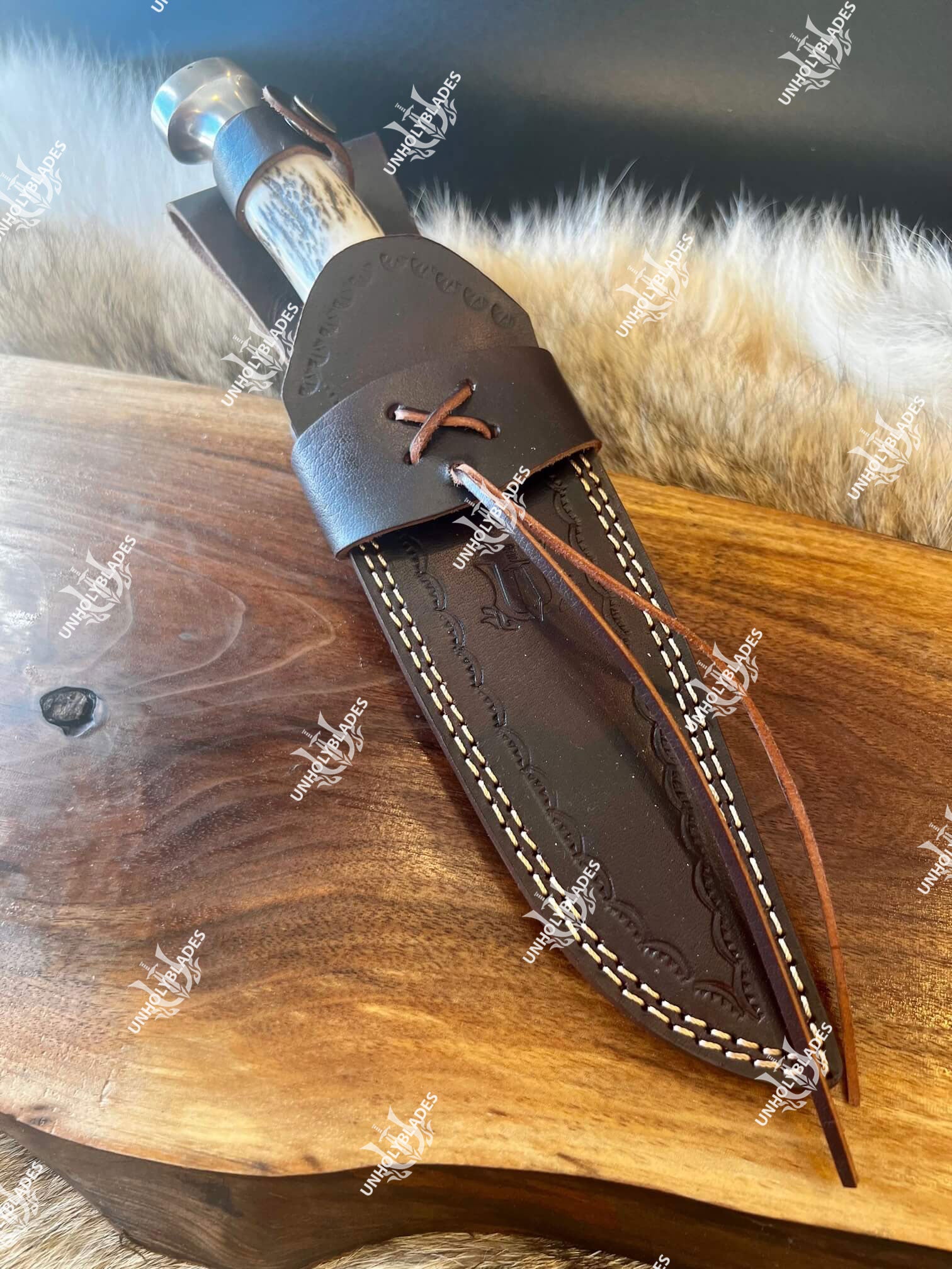 Premium Damascus Steel Hunting Knife with Stag Horn Handle – 10