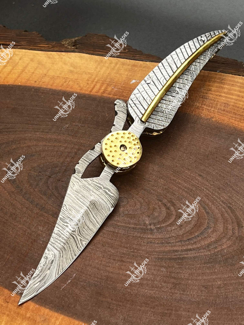 Damascus Folding Knife with Damascus & Brass File work
