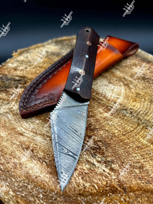 Handmade Damascus Steel Skinning Knife with Rosewood Handle