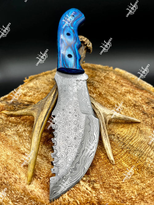 Handmade Damascus Steel Tracker Knife With Densified Wood