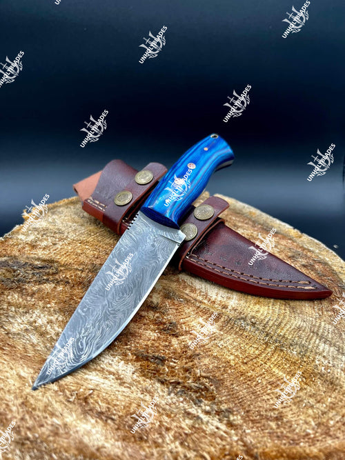 Handmade Damascus Hunting Knife With Densified Wood Blue Color