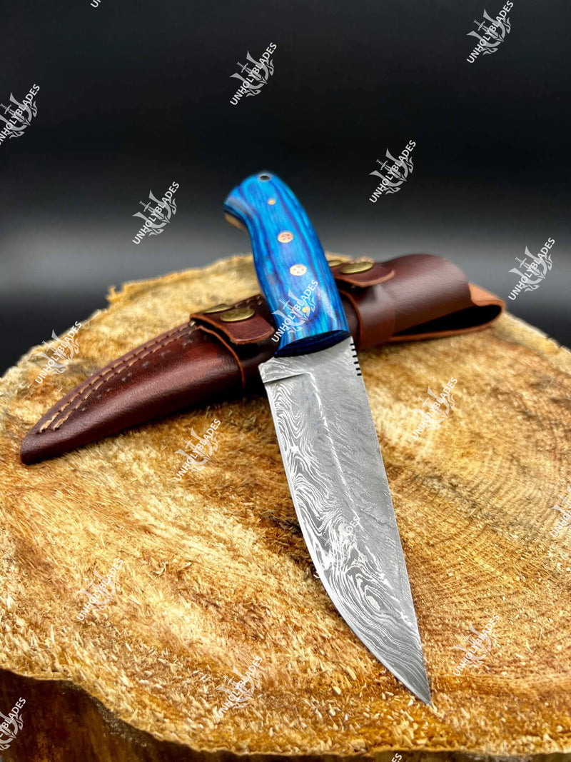 Handmade Damascus Hunting Knife With Densified Wood Blue Color