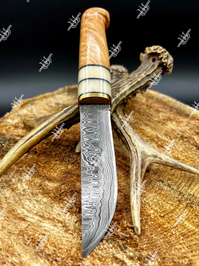 Handmade Damascus Steel Skinning Knife With Olive Wood & Resin Handle
