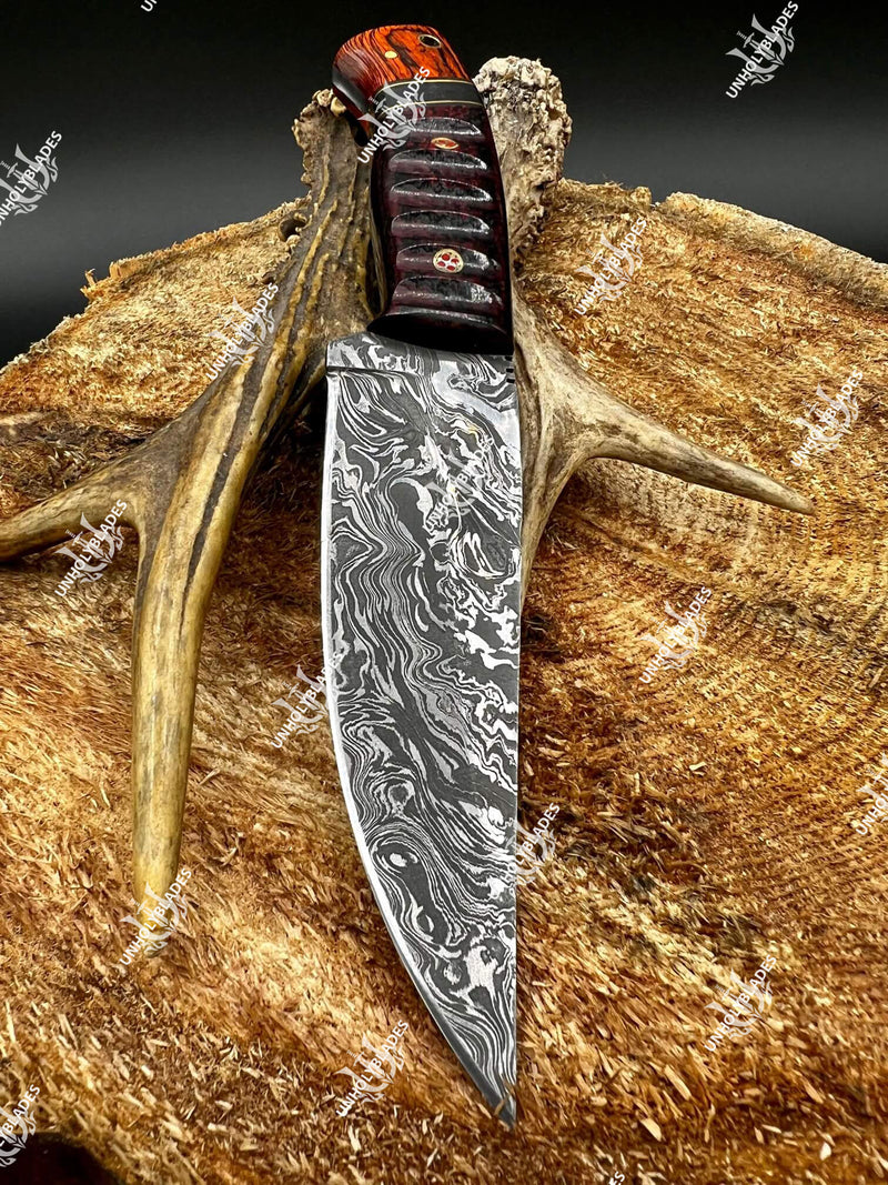 Custom Damascus Steel Hunting Knife With Fire Pattern