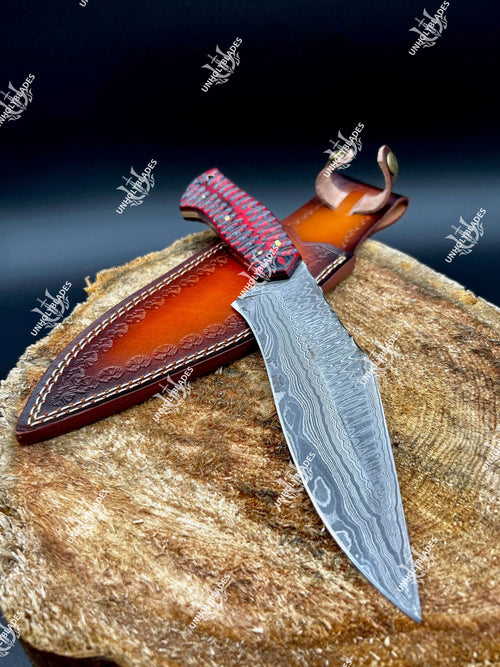 Damascus Hunting Knife With Red & Gray Densified Wood