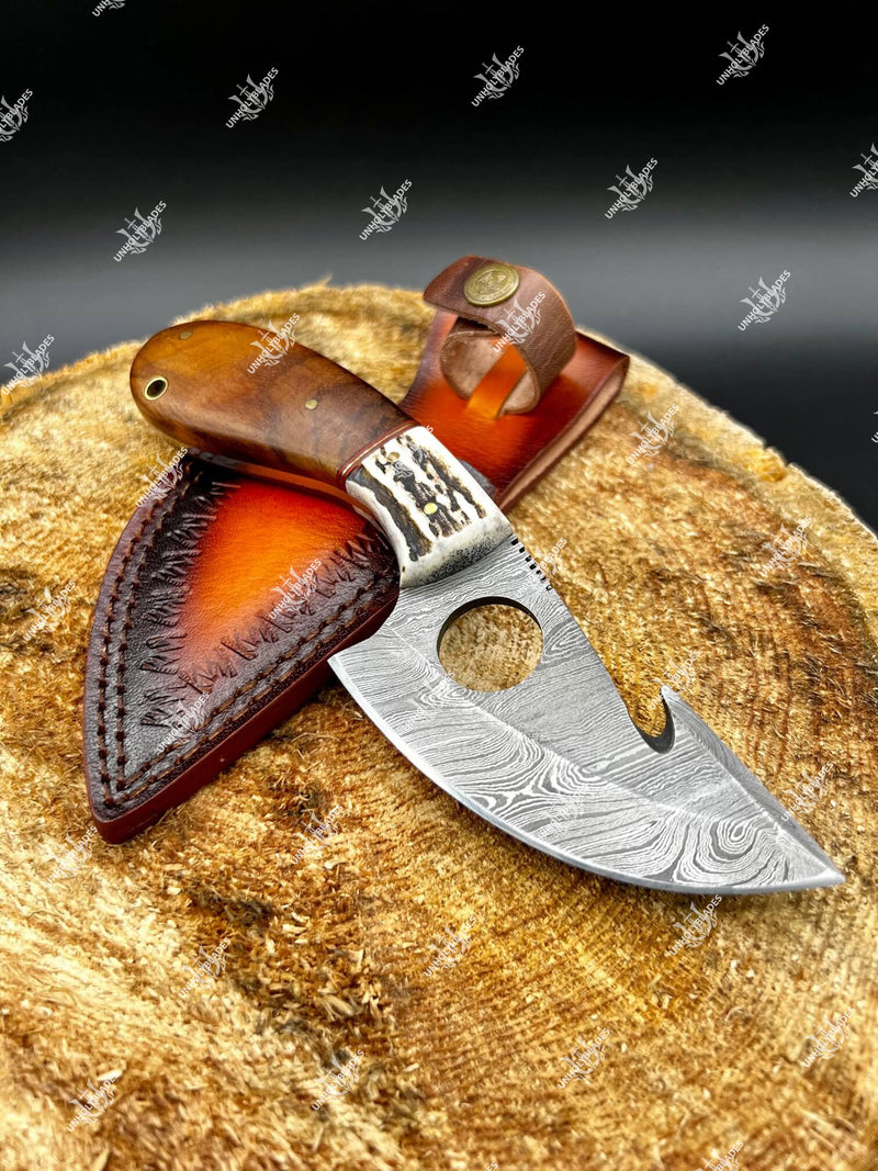 Handmade Damascus Steel Skinning Knife With Stag & Walnut Handle