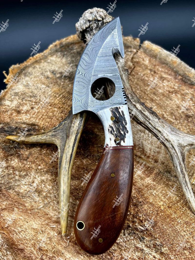 Handmade Damascus Steel Skinning Knife With Stag & Walnut Handle