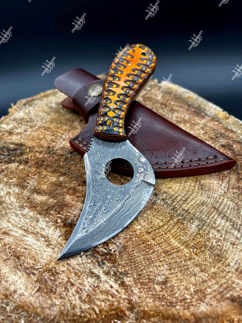 Damascus Steel Raindrop Handmade Skinning Knife With Densified Wood Handle
