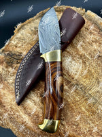 Custom Handmade Damascus Steel Skinning Knife With Brown Leather Sheath