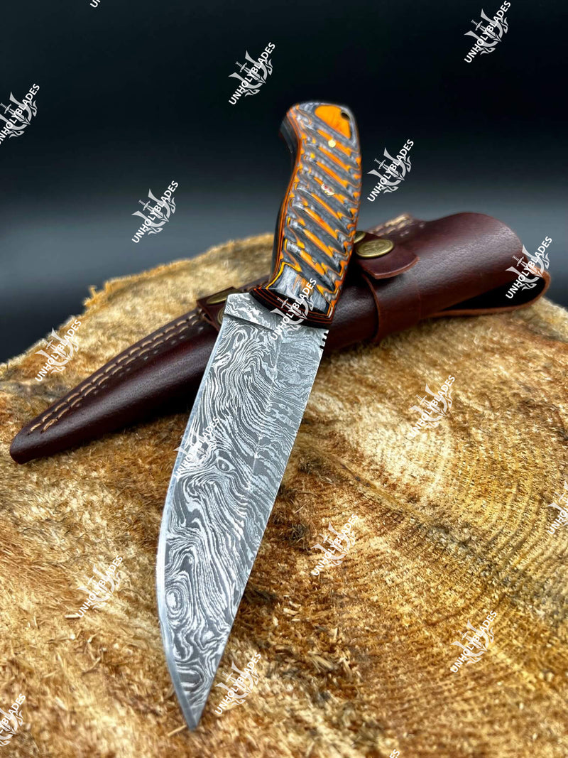 Custom Hunting Knife With Densified Wood Orange Color