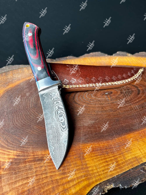 Custom Made Damascus Steel Skinning Knife With Lanyard Hole