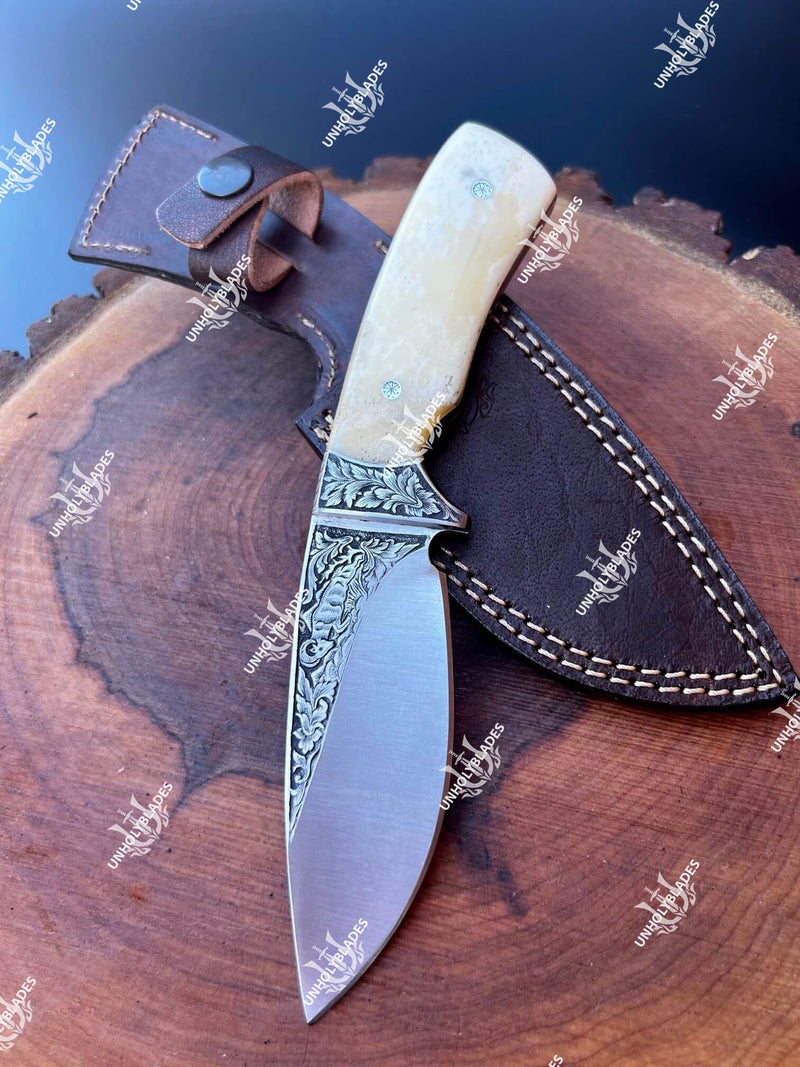 Hand Engraved Knife With Camel Bone