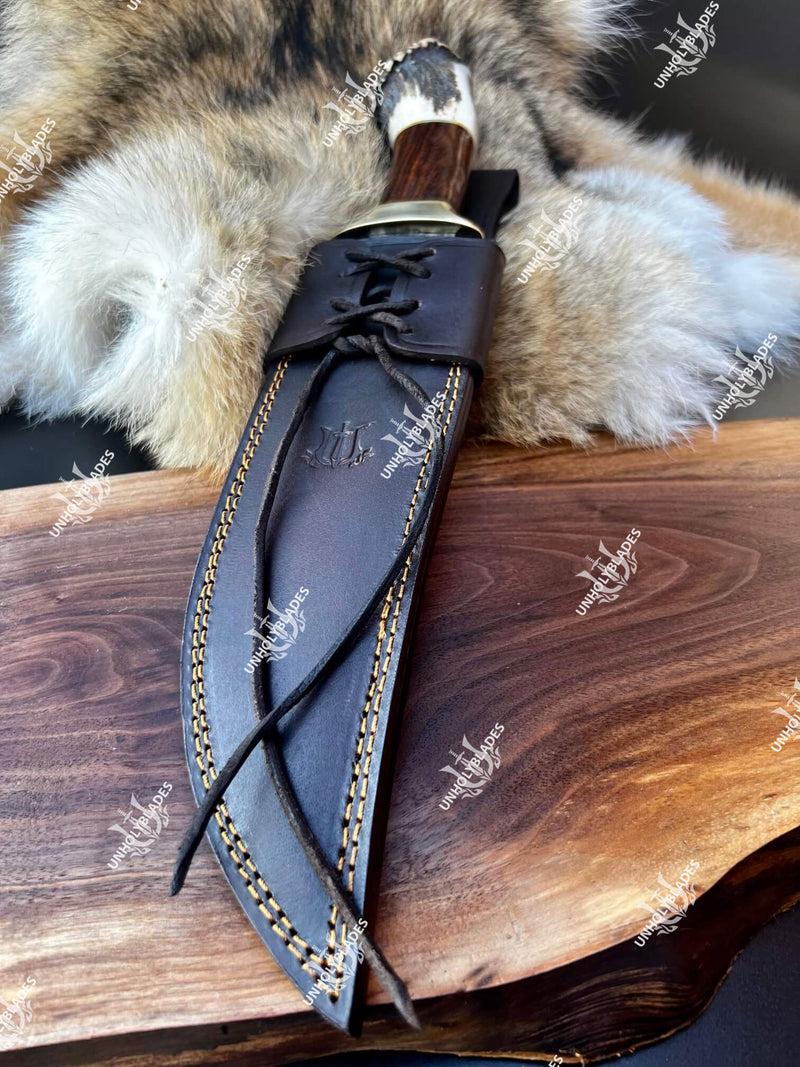 Custom Handmade Damascus Bowie Knife With Feather Pattern