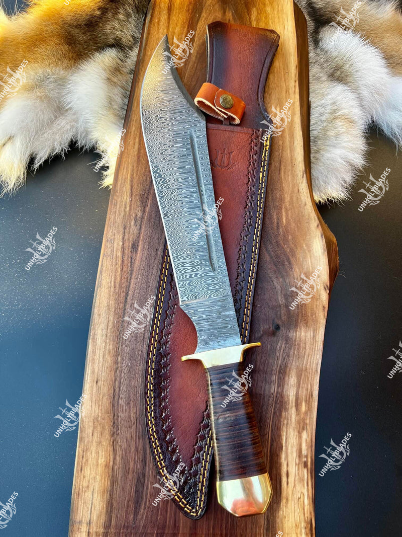 Custom Handmade Damascus Bowie Knife With Stacked Leather Handle