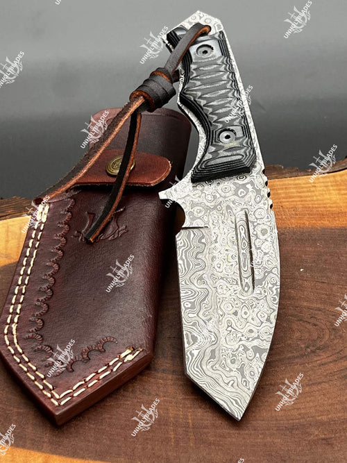 Damascus Steel Raindrop Pattern Outdoor Knife With Gray Micarta Handle
