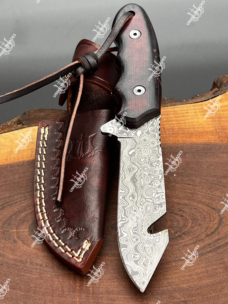Damascus Steel Outdoor Knife With Cowhide Leather Sheath