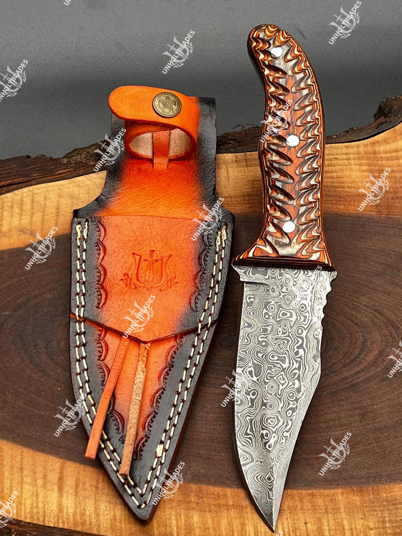 Damascus Hunting Knife With Densified Wood