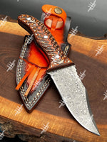 Damascus Hunting Knife With Densified Wood