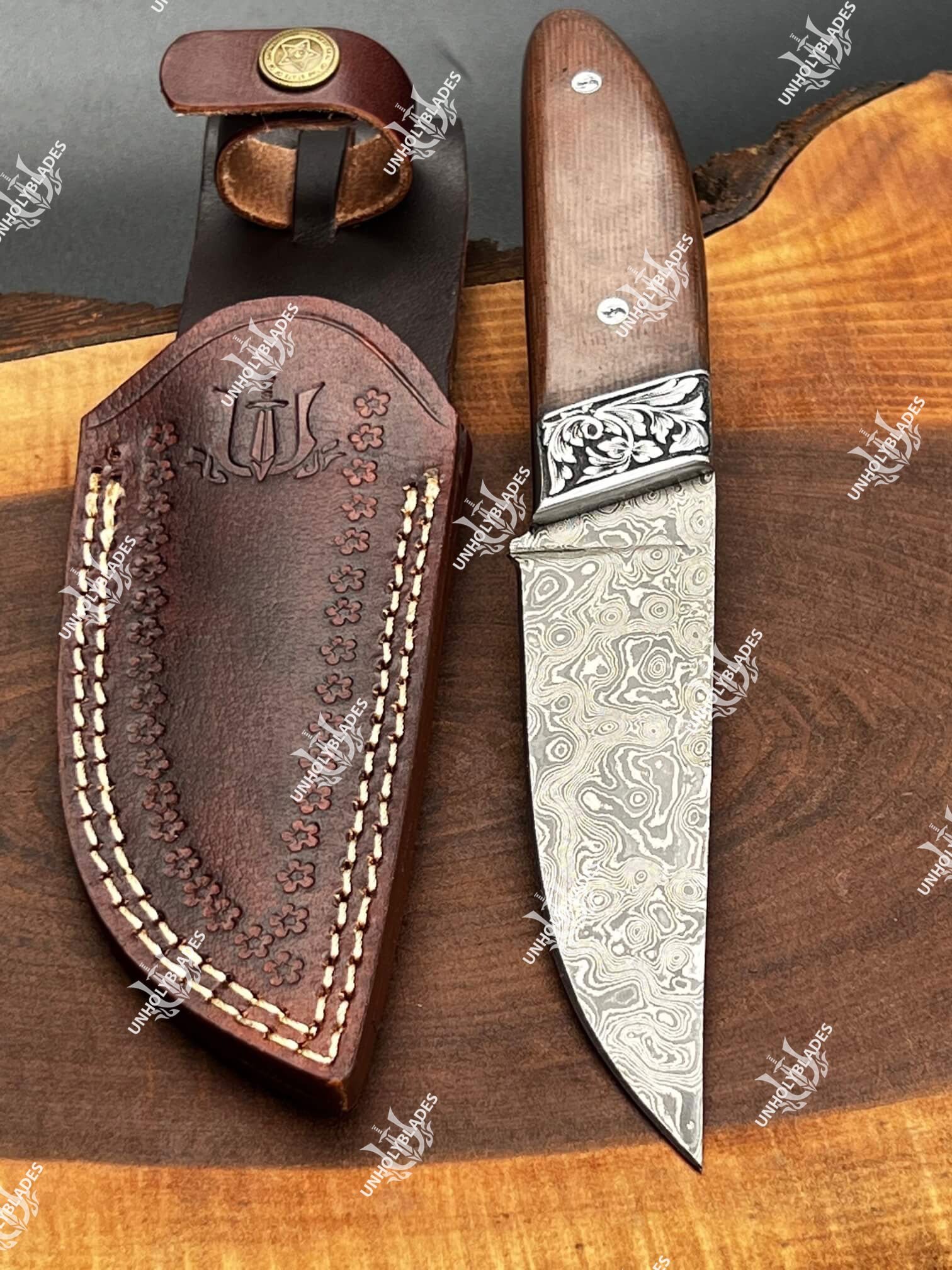 Engraved Rivet Custom Hunting Knife With Hand Engraved Bolster & Rivets