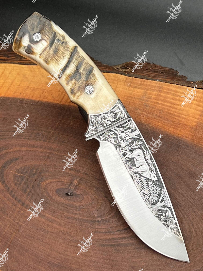Custom Hand Engraved Knife With Ram Horn Handle