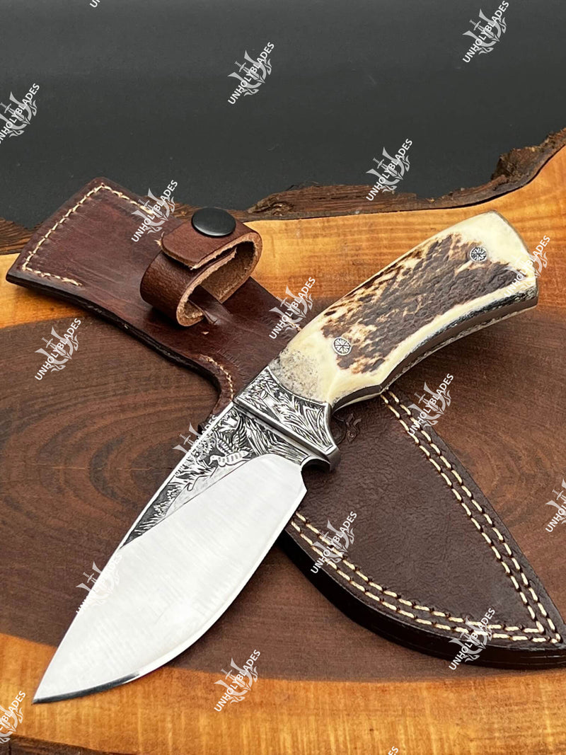 8.5 Inch Engraved Knife With Cowhide Leather