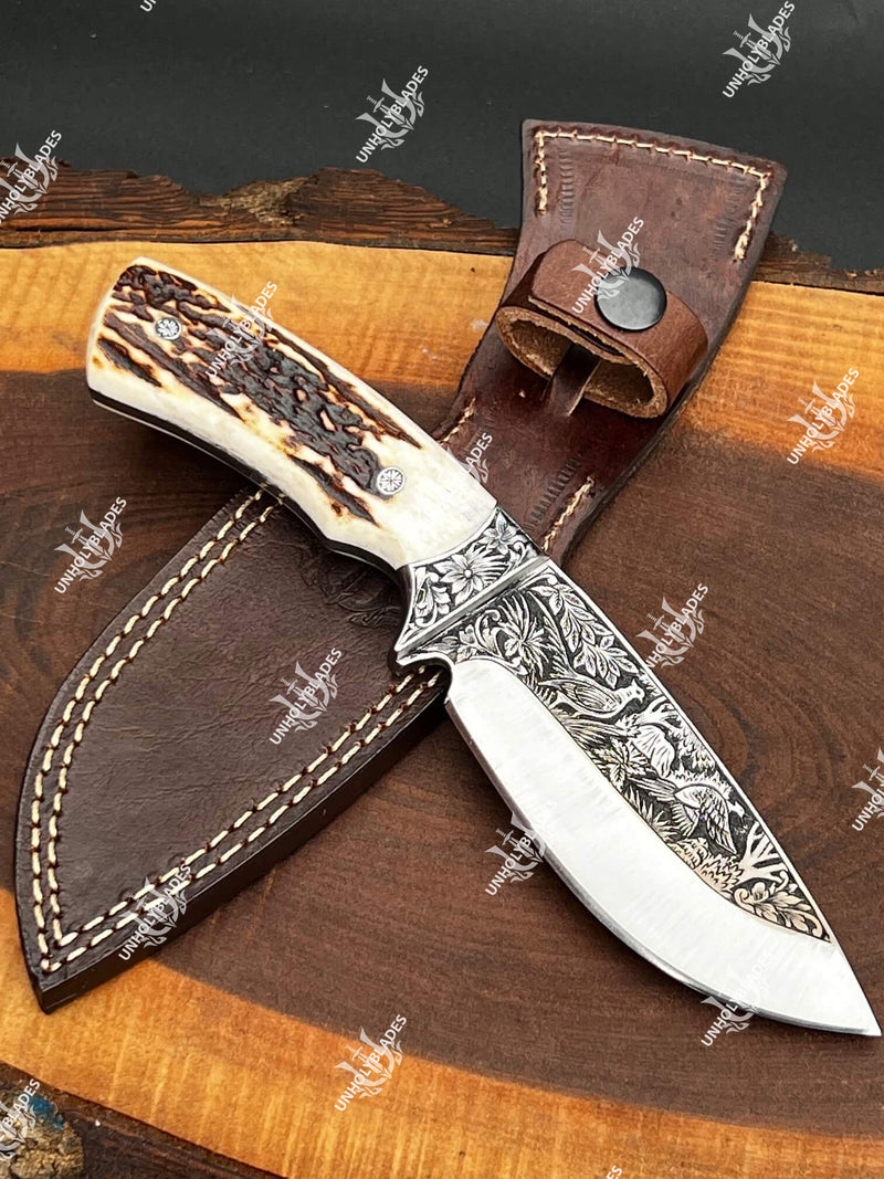 Handmade Hand Engraved Knife With Stag Handle