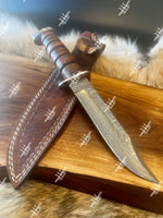 Damascus Steel Outdoor Knife With Stacked Leather
