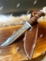 Damascus Steel Outdoor Knife With Stacked Leather