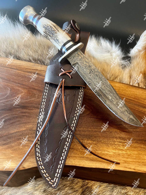 Damascus Hunting Knife With Stag Handle & Aluminum Guard
