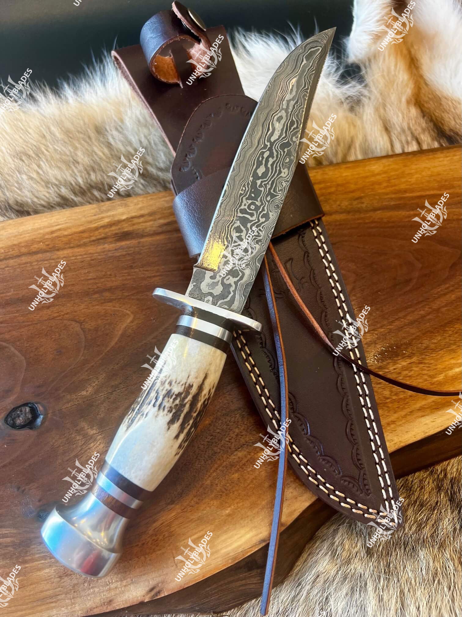 Premium Damascus Steel Hunting Knife with Stag Horn Handle – 10