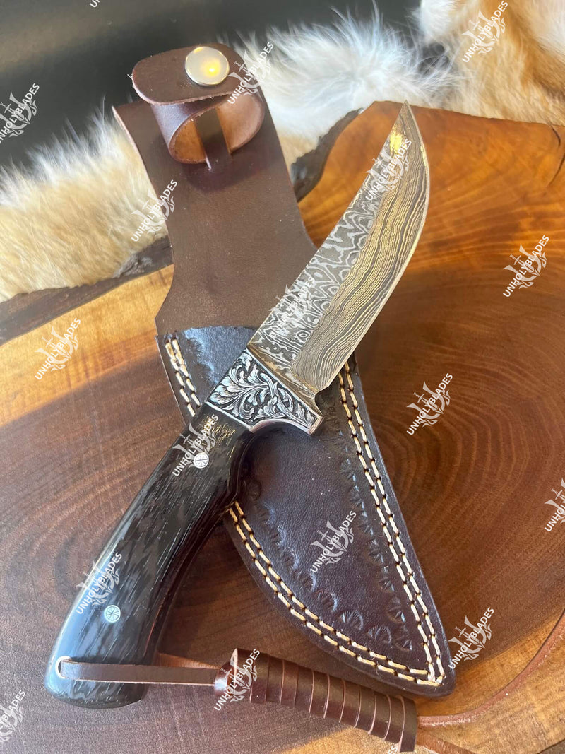 Custom Engraved Damascus Steel Hunting Knife