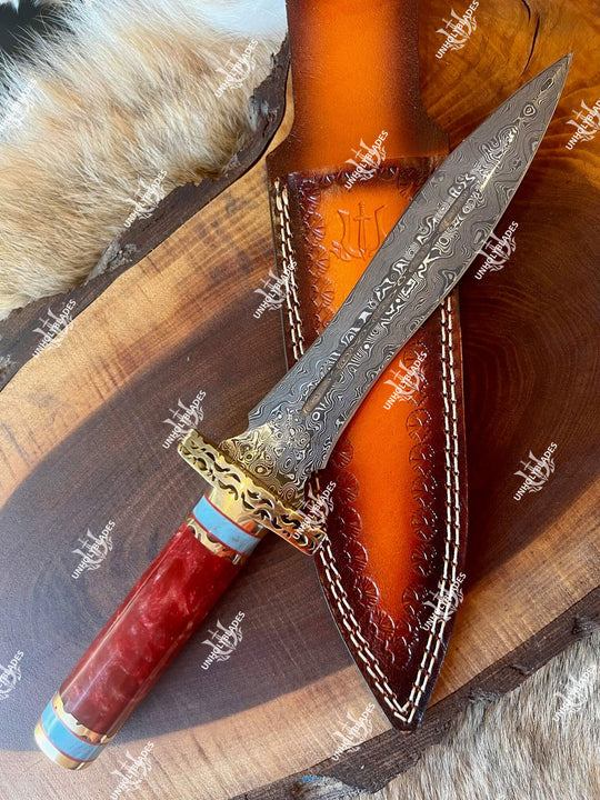 Outlet Custom handmade Damascus steel dagger/knife with leather sheath