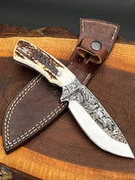 Handmade Hand Engraved Knife With Stag Handle